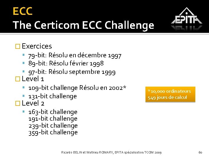 ECC The Certicom ECC Challenge � Exercices 79 -bit: Résolu en décembre 1997 89