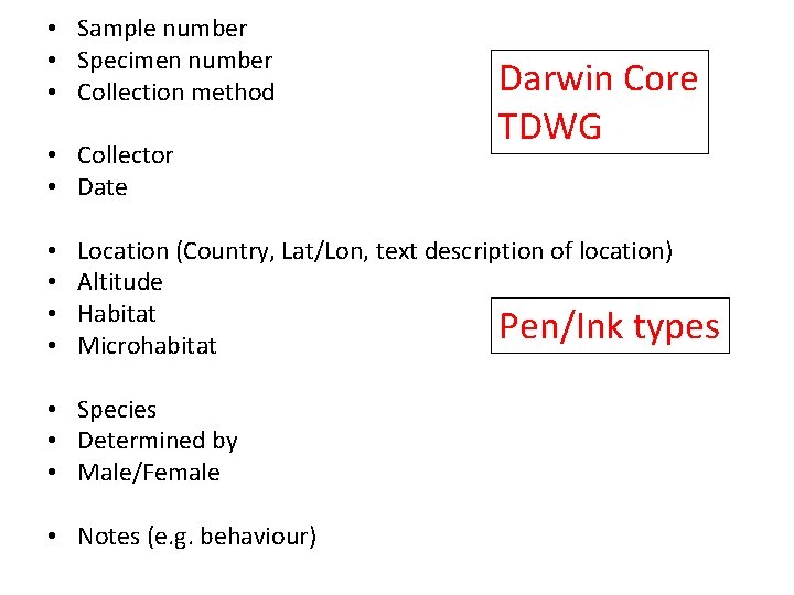  • Sample number • Specimen number • Collection method • Collector • Date