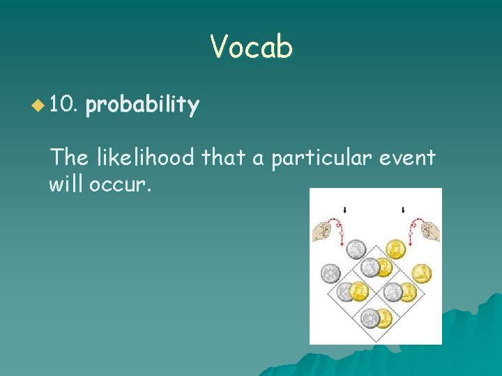 Vocab u 10. probability The likelihood that a particular event will occur. 