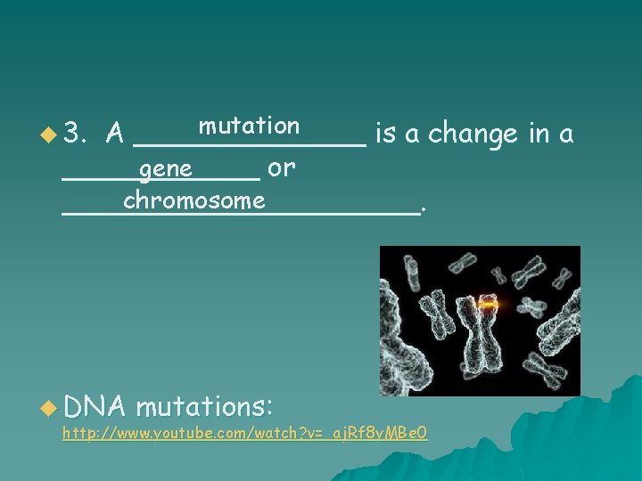 mutation A _______ is a change in a gene ______ or chromosome __________. u