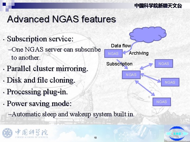 中国科学院新疆天文台 Advanced NGAS features • Subscription service: –One NGAS server can subscribe to another.