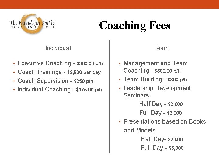 Coaching Fees Individual Team • Executive Coaching - $300. 00 p/h • Management and