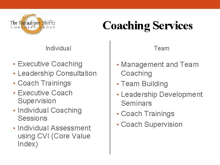 Coaching Services Individual Team • Executive Coaching • Management and Team • Leadership Consultation