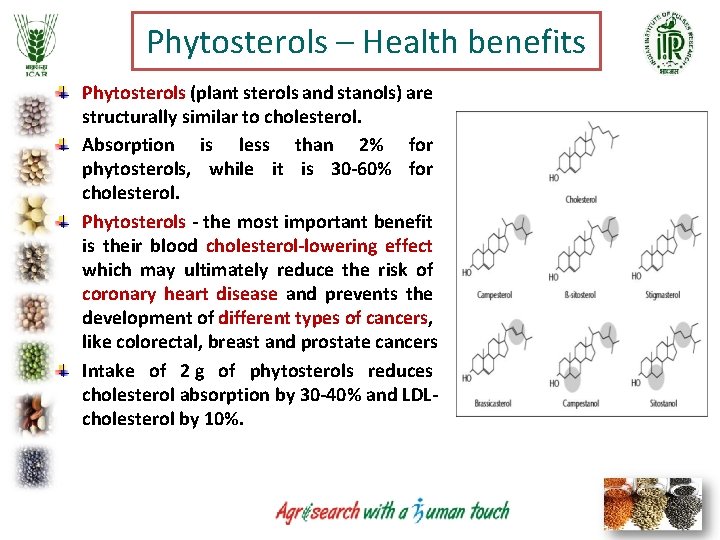 Phytosterols – Health benefits Phytosterols (plant sterols and stanols) are structurally similar to cholesterol. Phytosterols – Health benefits Phytosterols (plant sterols and stanols) are structurally similar to cholesterol.