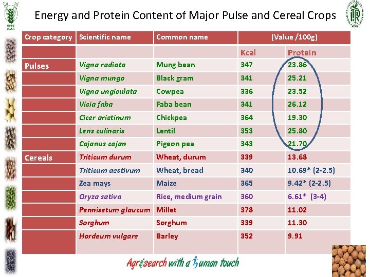 Energy and Protein Content of Major Pulse and Cereal Crops Crop category Scientific name Energy and Protein Content of Major Pulse and Cereal Crops Crop category Scientific name