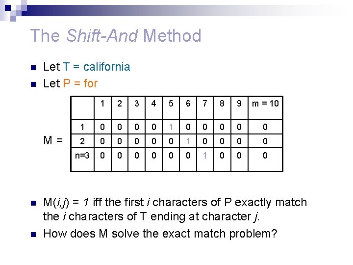 The Shift-And Method n n Let T = california Let P = for M=