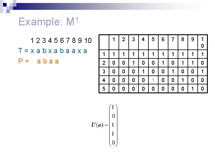 Example: M 1 1 2 3 4 5 6 7 8 9 10 T=xabxabaaxa