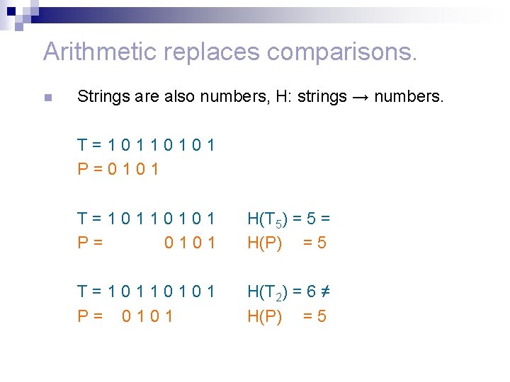 Arithmetic replaces comparisons. n Strings are also numbers, H: strings → numbers. T=10110101 P=0101