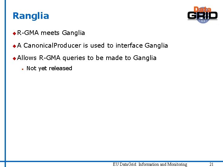 Ranglia u R-GMA u. A meets Ganglia Canonical. Producer is used to interface Ganglia