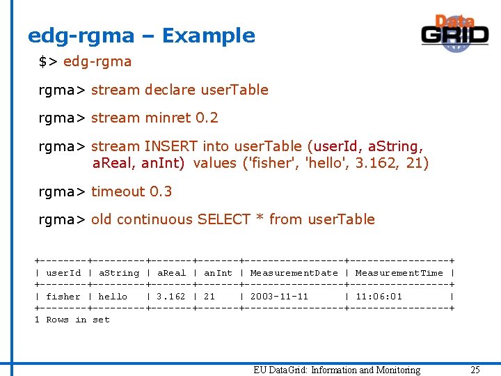 edg-rgma – Example $> edg-rgma> stream declare user. Table rgma> stream minret 0. 2