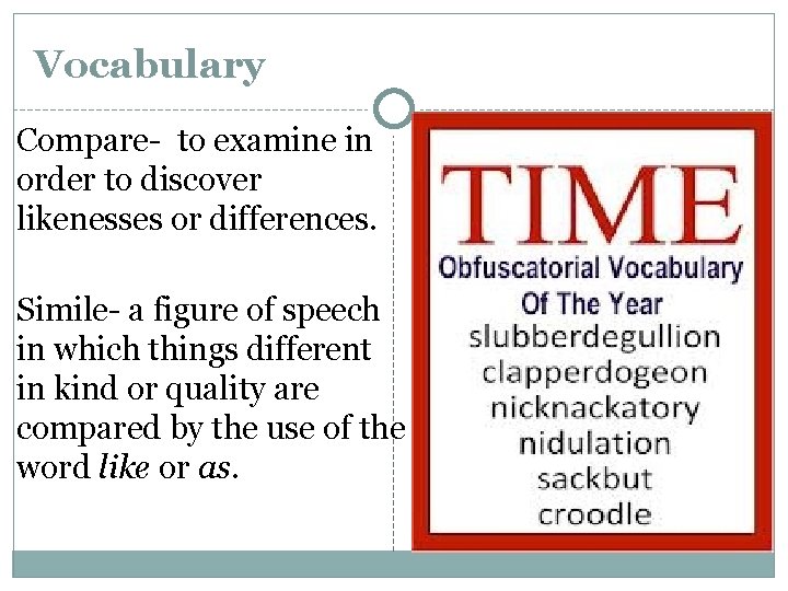 Vocabulary Compare- to examine in order to discover likenesses or differences. Simile- a figure