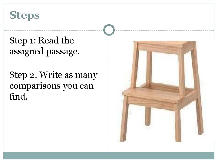 Steps Step 1: Read the assigned passage. Step 2: Write as many comparisons you