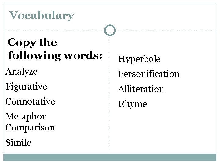 Vocabulary Copy the following words: Hyperbole Analyze Personification Figurative Alliteration Connotative Rhyme Metaphor Comparison