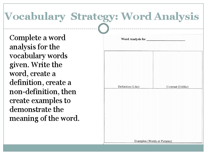 Vocabulary Strategy: Word Analysis Complete a word analysis for the vocabulary words given. Write