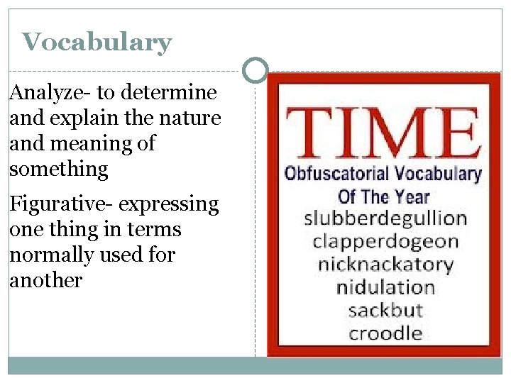 Vocabulary Analyze- to determine and explain the nature and meaning of something Figurative- expressing