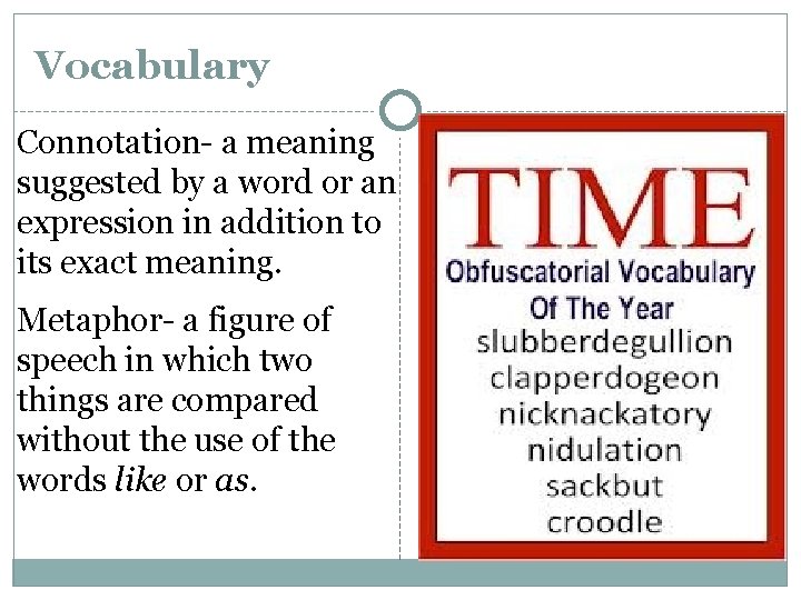 Vocabulary Connotation- a meaning suggested by a word or an expression in addition to