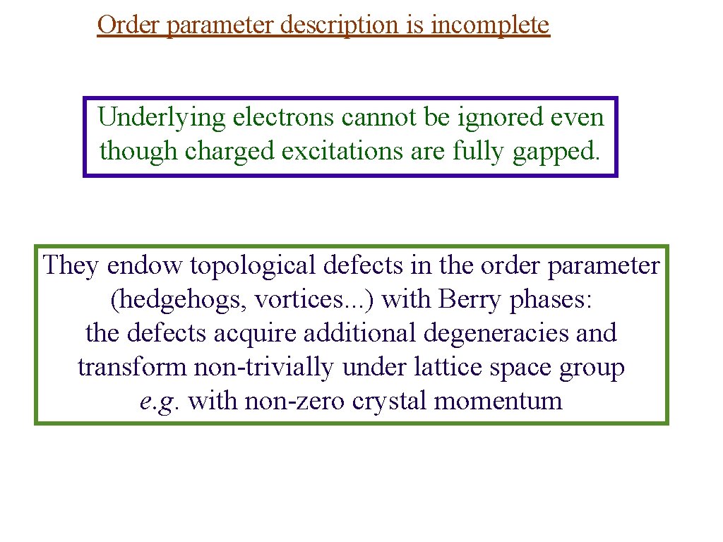 Order parameter description is incomplete Underlying electrons cannot be ignored even though charged excitations