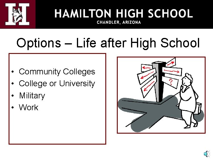 Options – Life after High School • • Community Colleges College or University Military