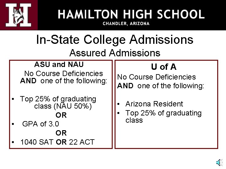 In-State College Admissions Assured Admissions ASU and NAU No Course Deficiencies AND one of