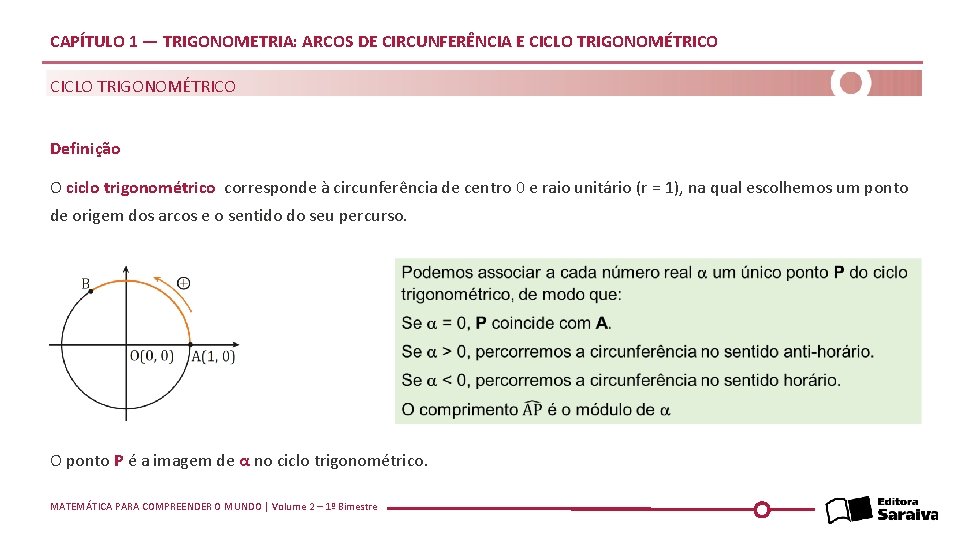 CAPÍTULO 1 — TRIGONOMETRIA: ARCOS DE CIRCUNFERÊNCIA E CICLO TRIGONOMÉTRICO Definição O ciclo trigonométrico