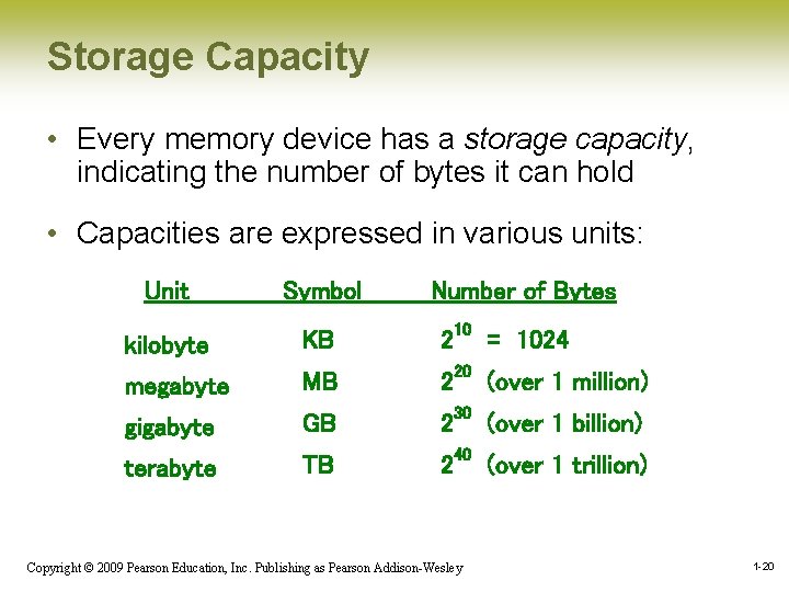 Storage Capacity • Every memory device has a storage capacity, indicating the number of Storage Capacity • Every memory device has a storage capacity, indicating the number of