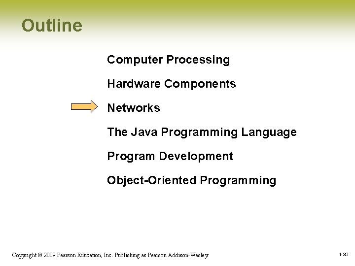 Outline Computer Processing Hardware Components Networks The Java Programming Language Program Development Object-Oriented Programming Outline Computer Processing Hardware Components Networks The Java Programming Language Program Development Object-Oriented Programming