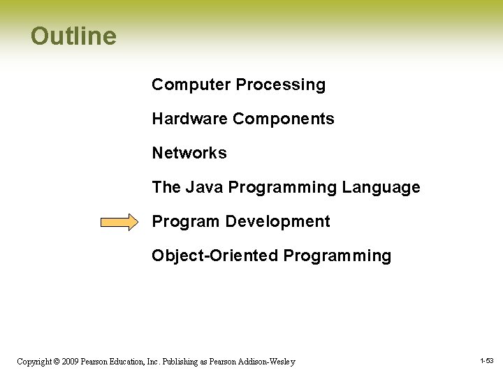 Outline Computer Processing Hardware Components Networks The Java Programming Language Program Development Object-Oriented Programming Outline Computer Processing Hardware Components Networks The Java Programming Language Program Development Object-Oriented Programming