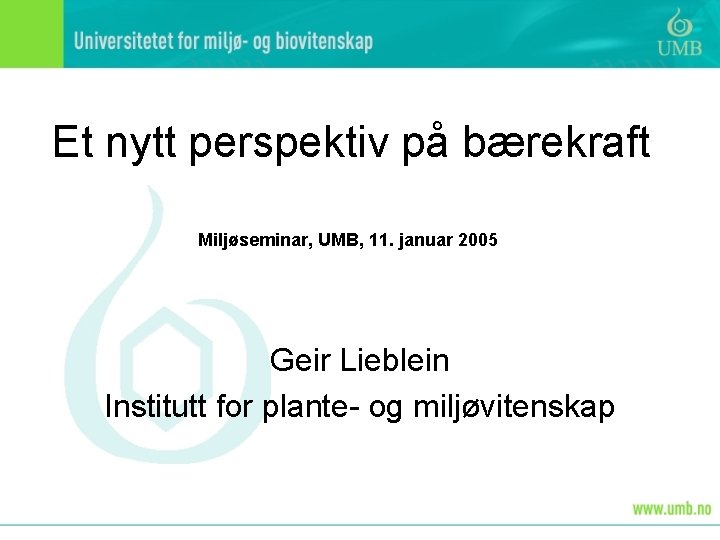 Et nytt perspektiv på bærekraft Miljøseminar, UMB, 11. januar 2005 Presentasjon 11. januar 2005