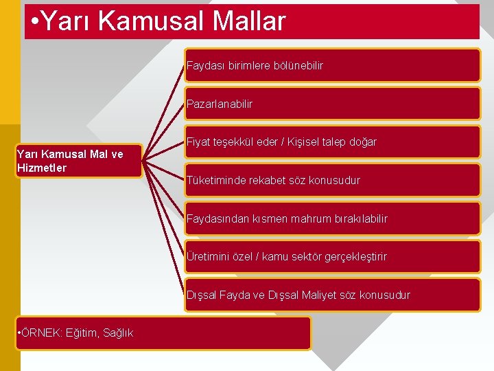  • Yarı Kamusal Mallar Faydası birimlere bölünebilir Pazarlanabilir Fiyat teşekkül eder / Kişisel