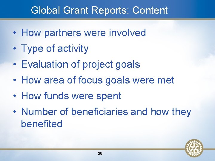 Global Grant Reports: Content • How partners were involved • Type of activity •
