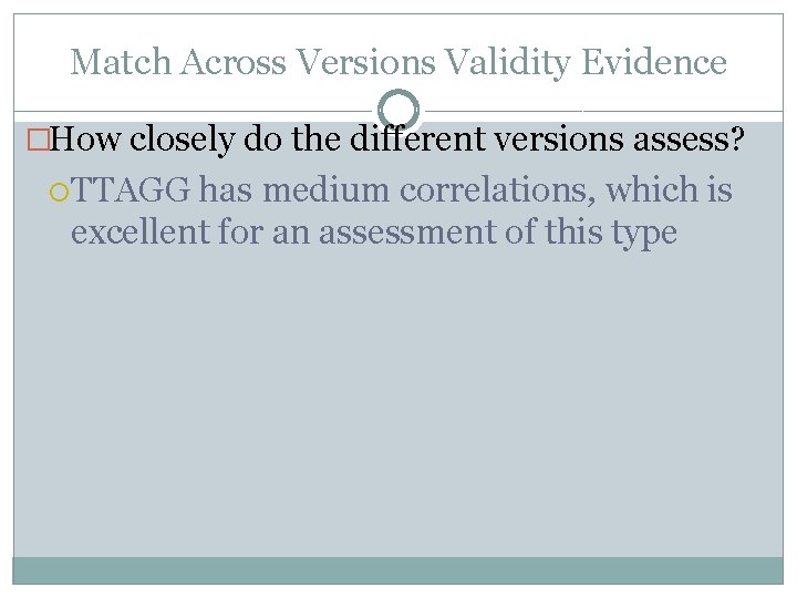 Match Across Versions Validity Evidence �How closely do the different versions assess? TTAGG has