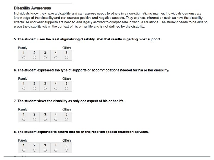Sample Disability Awareness construct questions. 1. The student expressed the type of support or