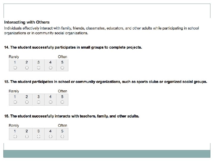 Sample items for the Interacting with Others construct. 1. The student successfully participates in