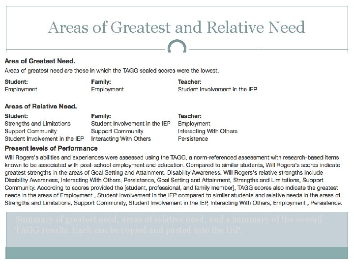 Areas of Greatest and Relative Need Summary of greatest need, areas of relative need,