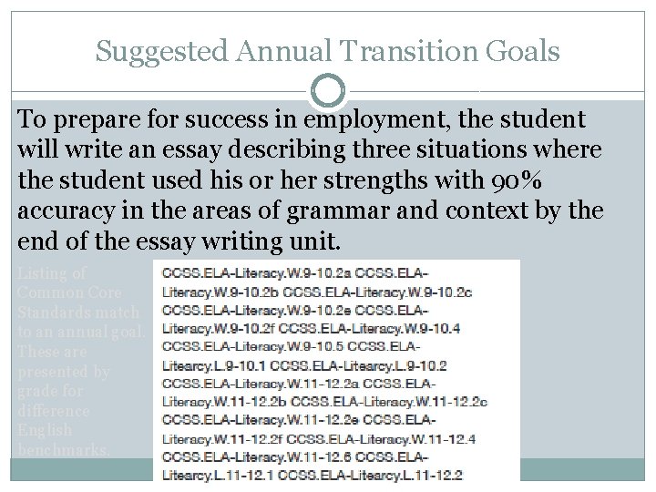 Suggested Annual Transition Goals To prepare for success in employment, the student will write