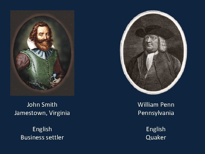 John Smith Jamestown, Virginia William Pennsylvania English Business settler English Quaker 