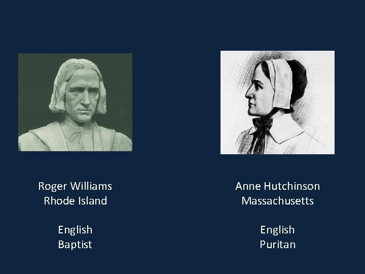 Roger Williams Rhode Island Anne Hutchinson Massachusetts English Baptist English Puritan 