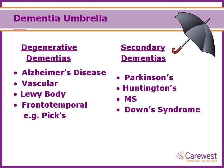 Dementia Umbrella Degenerative Dementias • • Alzheimer’s Disease Vascular Lewy Body Frontotemporal e. g.