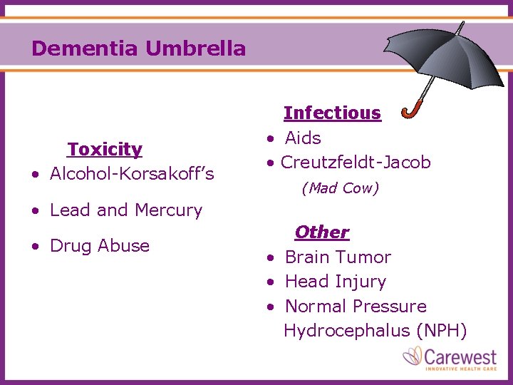 Dementia Umbrella Toxicity • Alcohol-Korsakoff’s Infectious • Aids • Creutzfeldt-Jacob (Mad Cow) • Lead