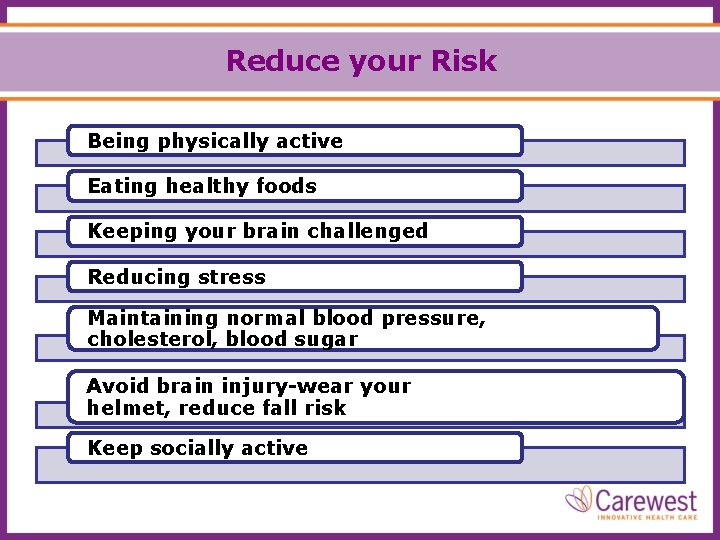 Reduce your Risk Being physically active Eating healthy foods Keeping your brain challenged Reducing