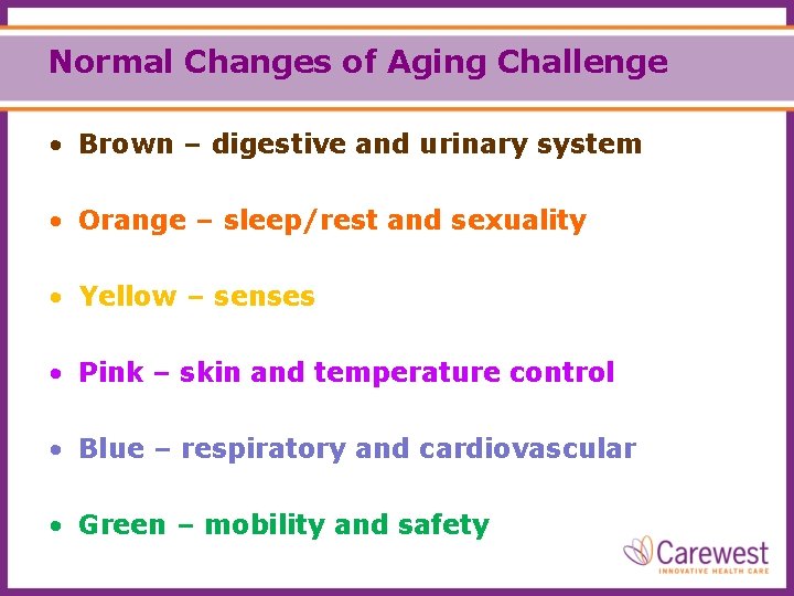 Normal Changes of Aging Challenge • Brown – digestive and urinary system • Orange
