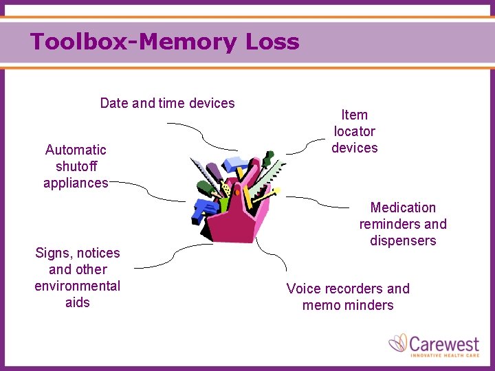 Toolbox-Memory Loss Date and time devices Automatic shutoff appliances Signs, notices and other environmental