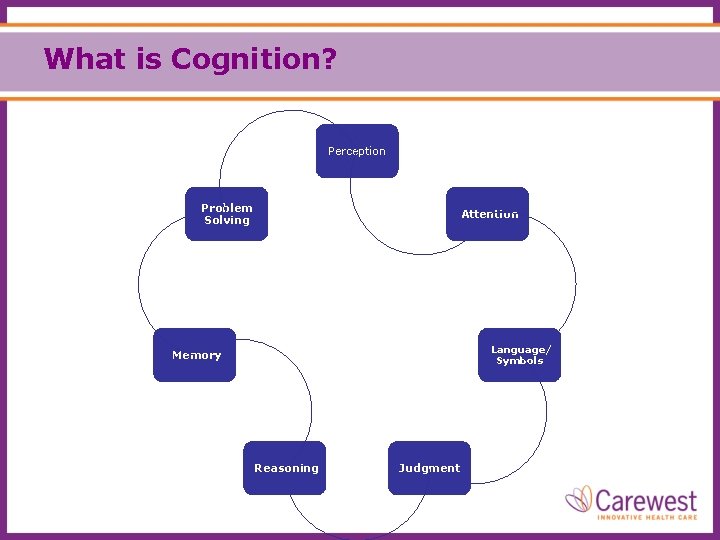 What is Cognition? Perception Problem Solving Attention Language/ Symbols Memory Reasoning Judgment 