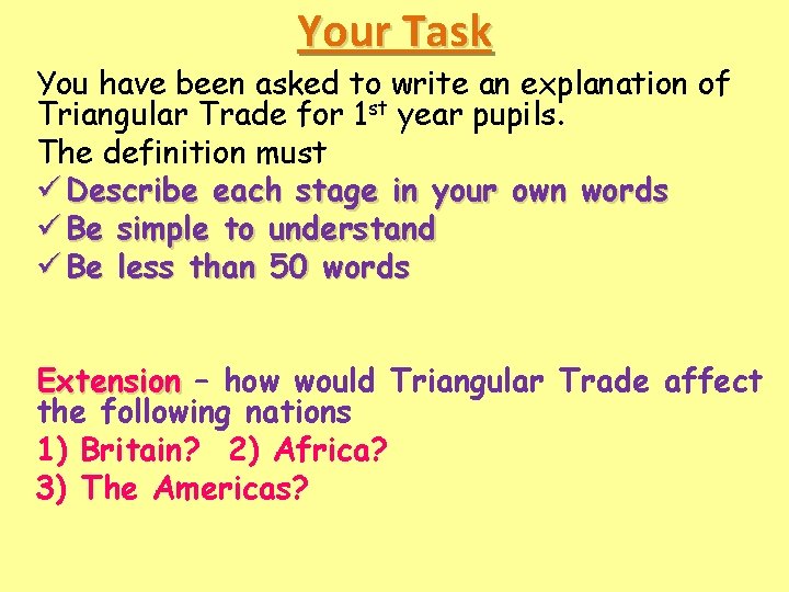 Your Task You have been asked to write an explanation of Triangular Trade for