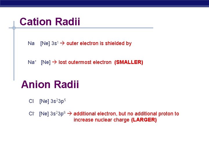 Cation Radii Na [Ne] 3 s 1 outer electron is shielded by Na+ [Ne]