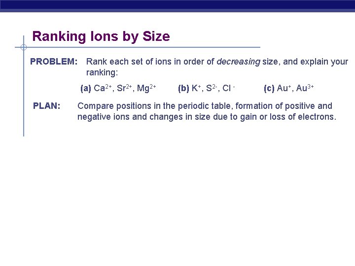 Ranking Ions by Size PROBLEM: Rank each set of ions in order of decreasing