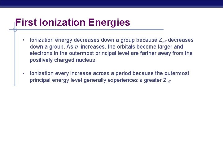 First Ionization Energies • Ionization energy decreases down a group because Zeff decreases down