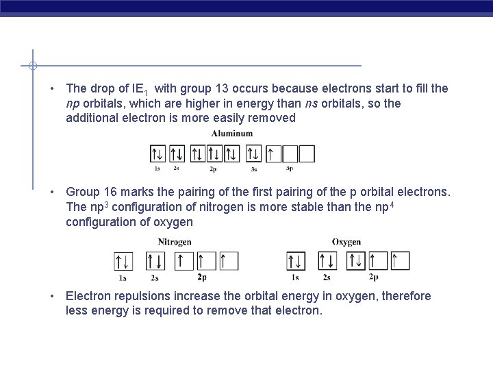  • The drop of IE 1 with group 13 occurs because electrons start