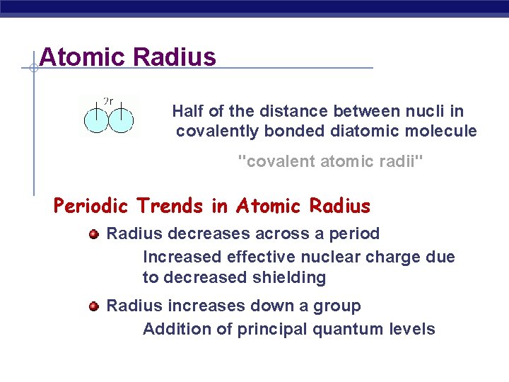 Atomic Radius Half of the distance between nucli in covalently bonded diatomic molecule "covalent