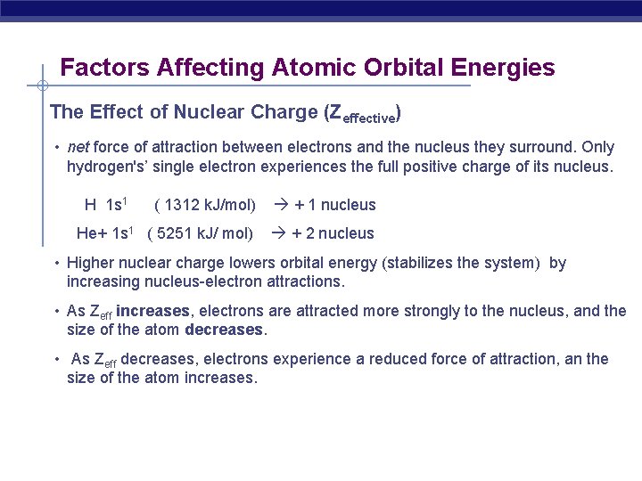 Factors Affecting Atomic Orbital Energies The Effect of Nuclear Charge (Zeffective) • net force